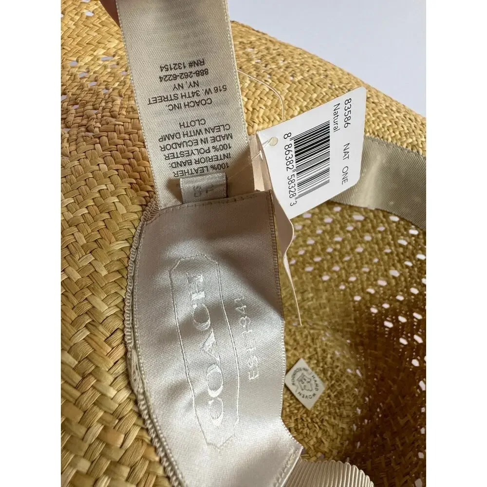 Coach Natural Straw Wide Brim Floppy Sun Hat Yellow Leather Trim One Size NWT - Picture 8 of 11
